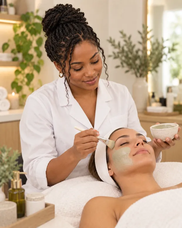 An esthetician applying a mask to a relaxed client