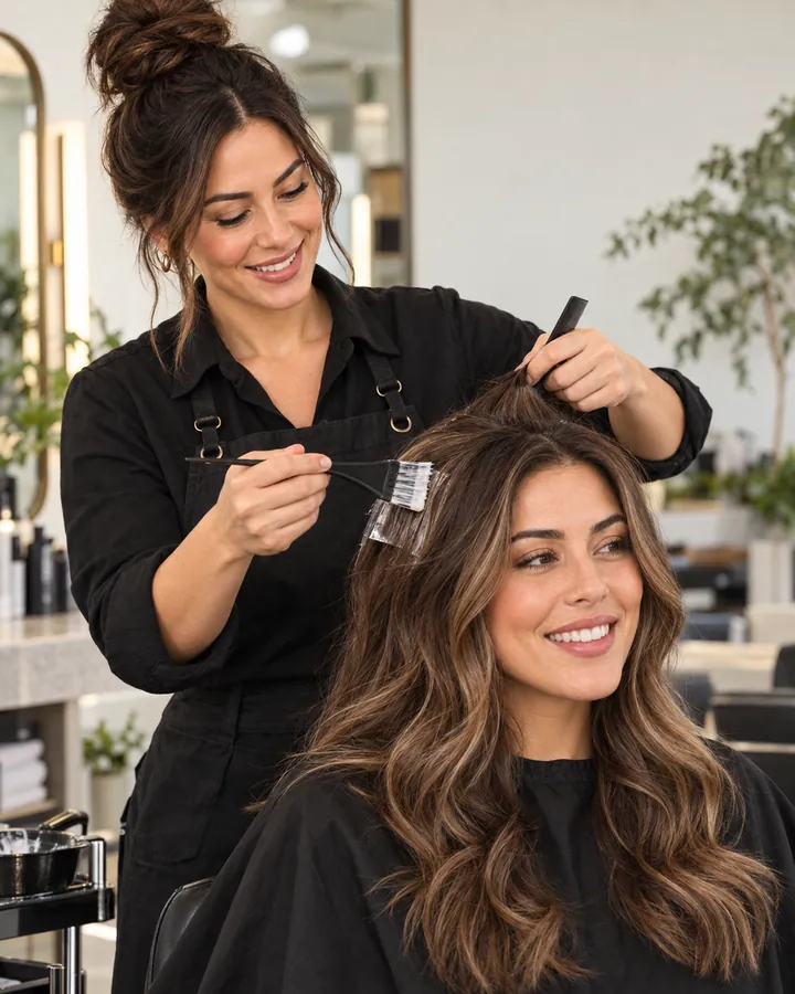 A stylist applying colour to a smiling client's hair