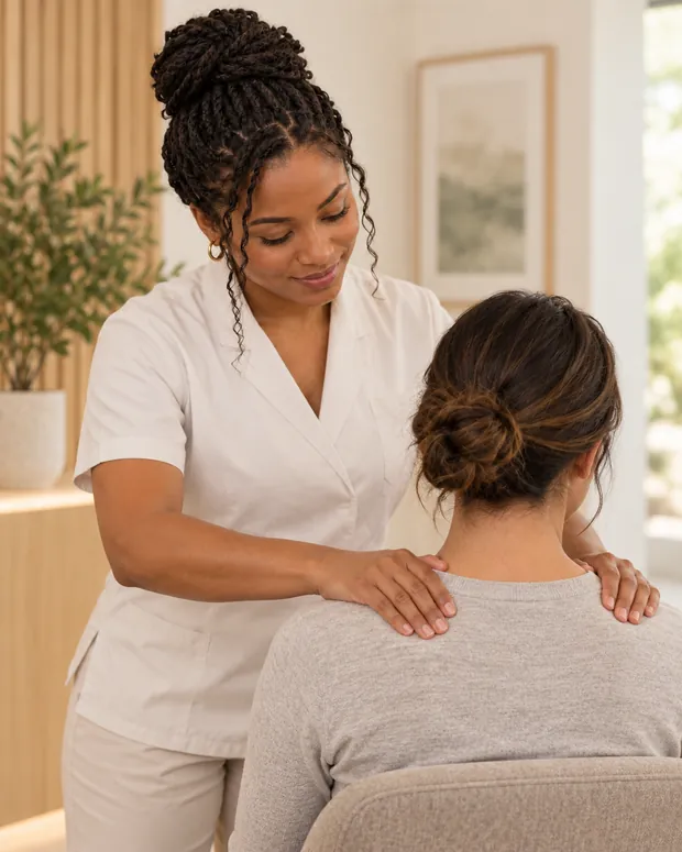 A massage therapist working on a client's shoulders