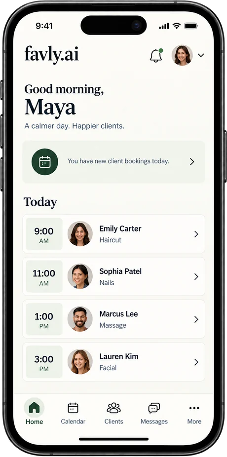 The Favly app home screen: a new client bookings notice and today's appointments