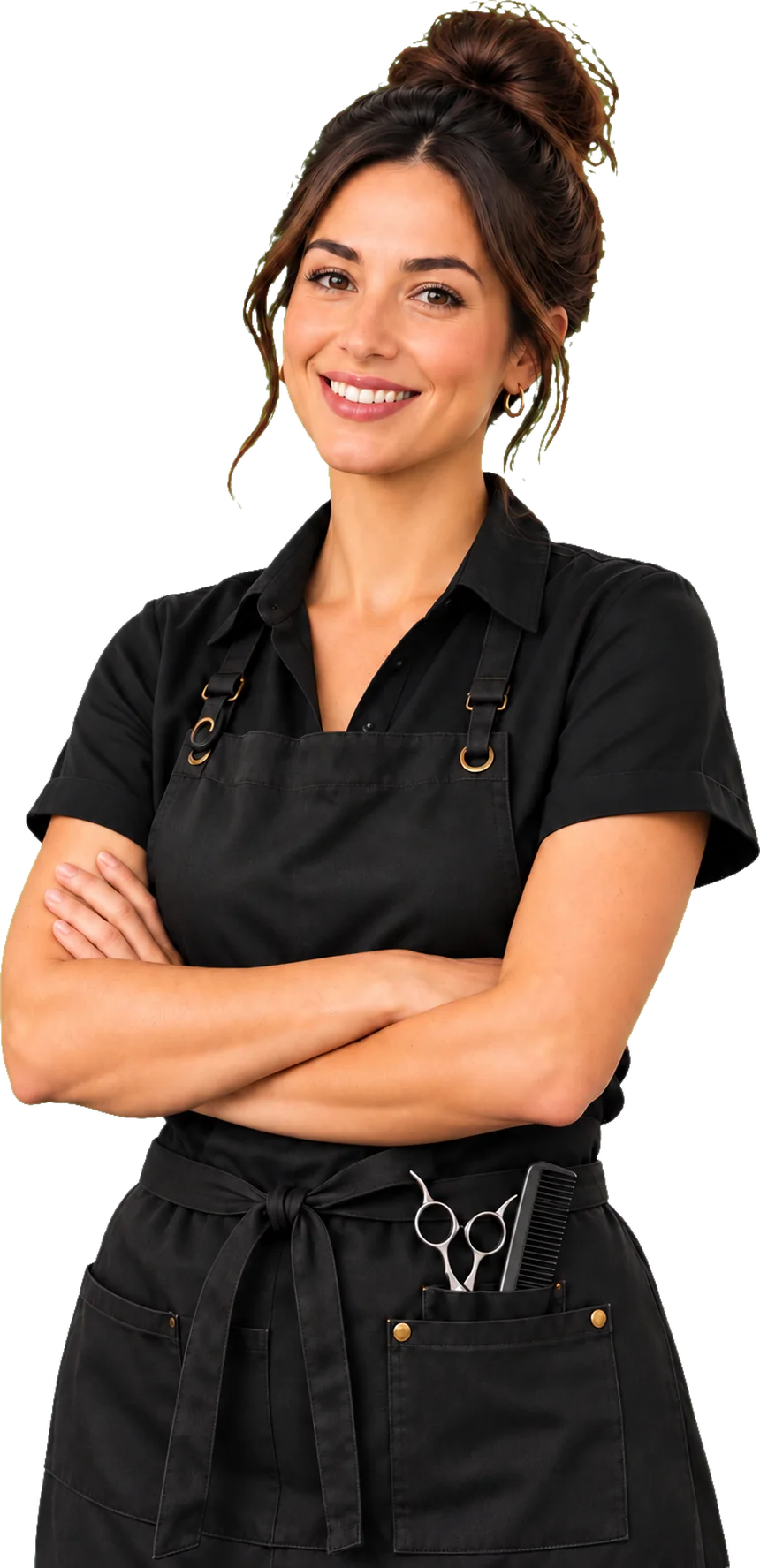 A smiling beauty professional in a black apron, arms folded